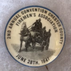 1941 Chester County Fireman Pinback with horse drawn wagon